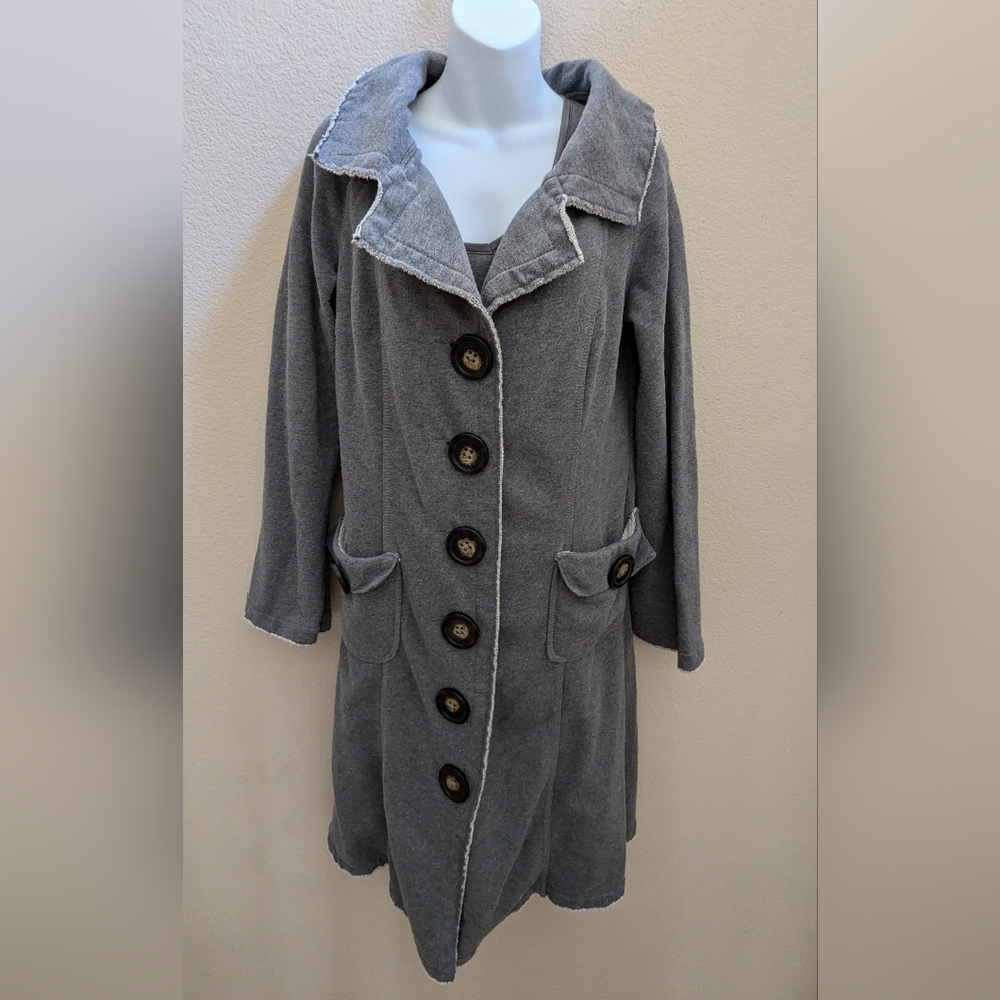 Anthropologie Fillmore Gray with white trim pockets cotton long coat sz M